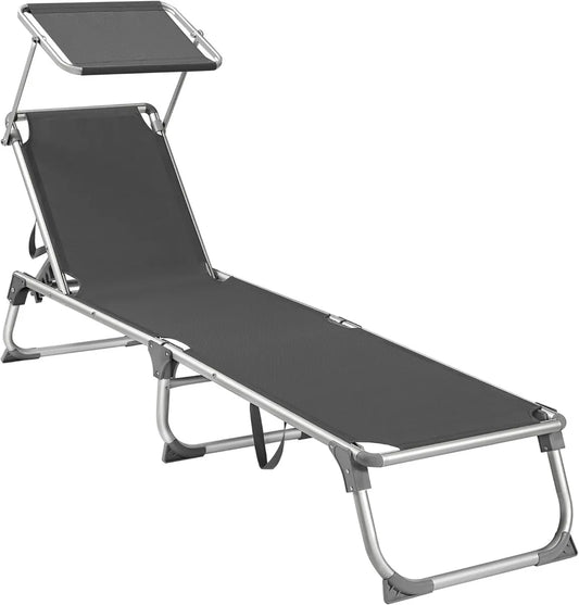 Sedia a Sdraio in Alluminio Pieghevole con Parasole, 193x55x31 cm, 150 kg, per Esterni, Grigio