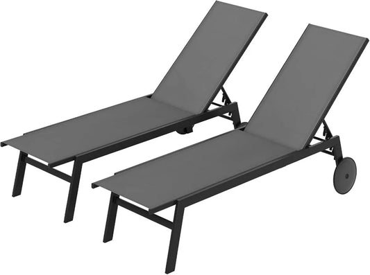 Poltrona Sdraio da Giardino Regolabile in 6 Posizioni con Struttura in Metallo, Tessuto Resistente, Ruote e Antiscivolo per Piscina e Giardino - Grigio, Set di 2