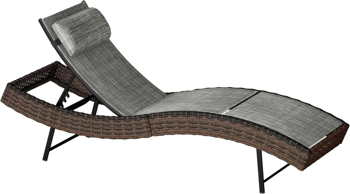 Lettino Prendisole in Rattan con Design Ergonomico e Poggiatesta, Reclinabile a 5 Posizioni per Giardino e Piscina, 60x198x44cm, Colore Marrone