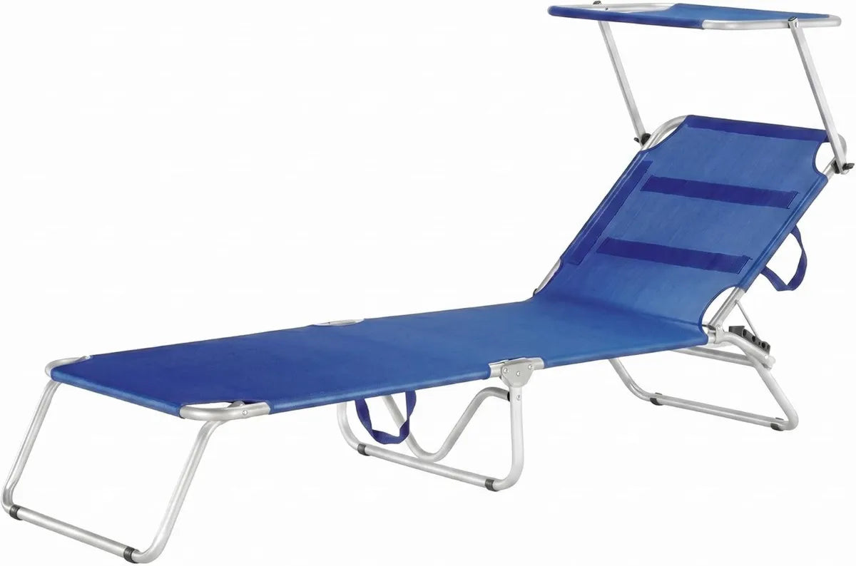 Lettino Prendisole Pieghevole in Alluminio con Tettuccio per Giardino e Spiaggia, 195x60x30 cm, Blu