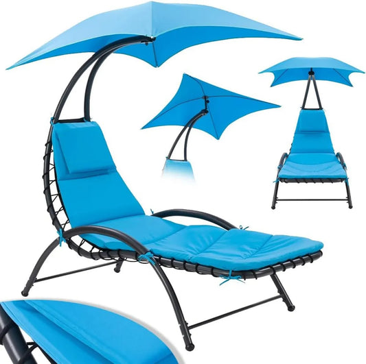 BAKAJI Sedia a Dondolo da Giardino con Cuscino e Ombrellone, Amaca Ergonomica Blu per Esterni, Perfetta per Balcone e Terrazza