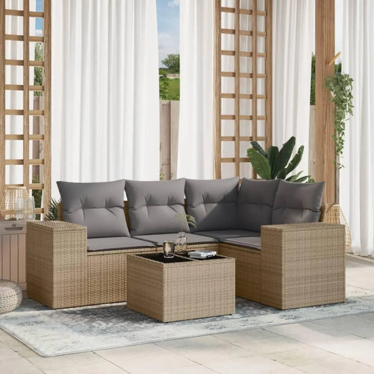 Set Salotto da Giardino in Polyrattan con Cuscini Beige, 5 Pezzi, Perfetto per Patio e Piscina