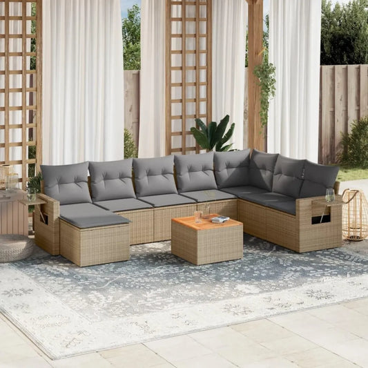 Set Divano da Giardino 9 Pezzi con Cuscini Beige in Polyrattan per Patio e Piscina