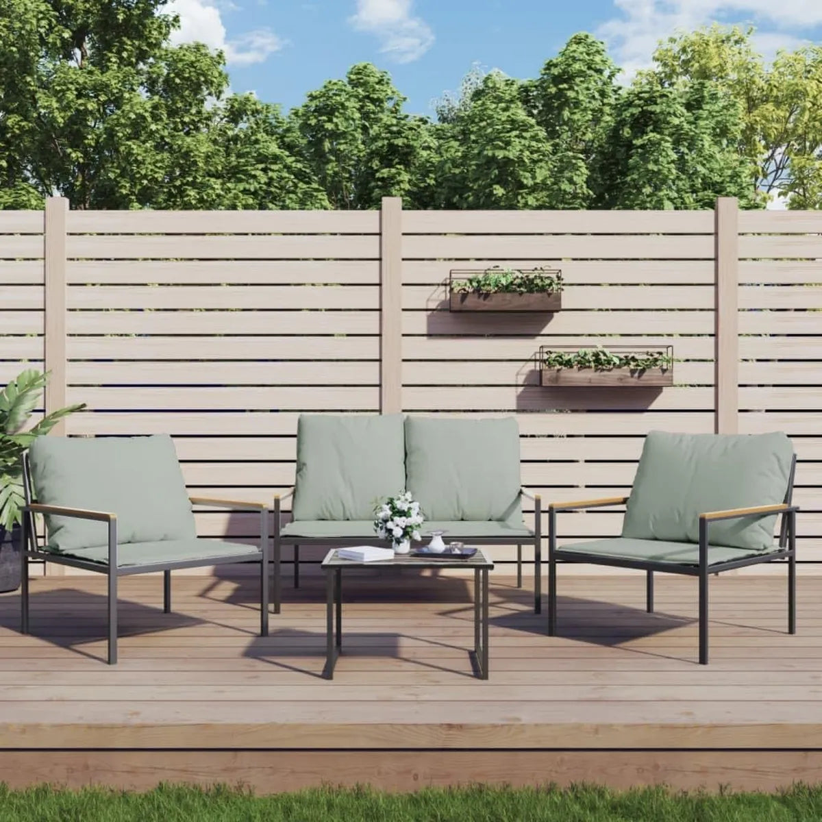 Set da Giardino 4 Pezzi con Cuscini in Acciaio Antracite, Salotto e Lettino Prendisole