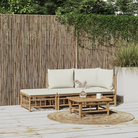 Set Mobili da Giardino in Bambù 3 Pezzi con Cuscini Bianco Crema