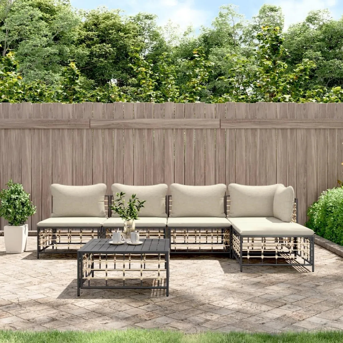 Set 6 Pezzi Divani da Giardino in Polyrattan con Cuscini Antracite