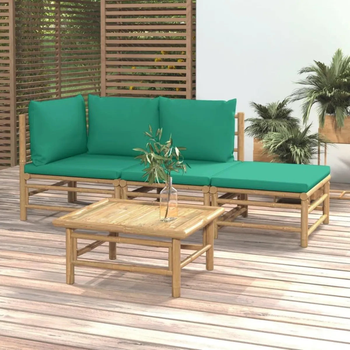 Set Salotto da Giardino in Bambù con Cuscini Verdi, Ideale per Piscina e Balcone