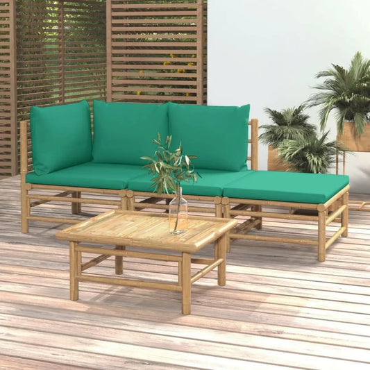 Set Salotto da Giardino in Bambù con Cuscini Verdi, Ideale per Piscina e Balcone