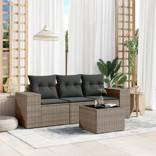 Set di Divani da Giardino in Polyrattan Grigio con Cuscini, 4 Pezzi Ideale per Patio