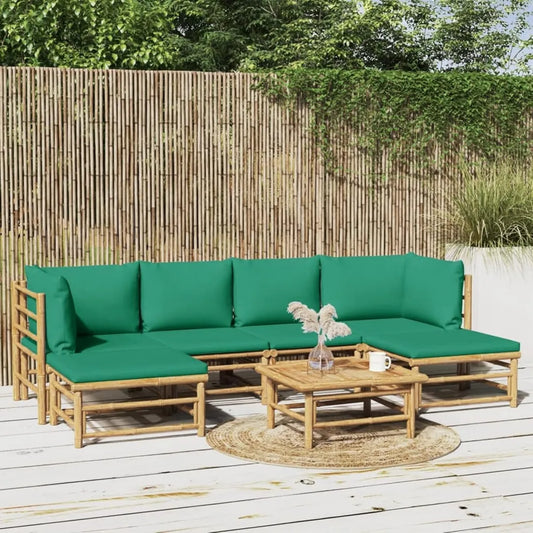 Set Salotto da Giardino in Bambù con Cuscini Verdi, Divano e Lettini Prendisole
