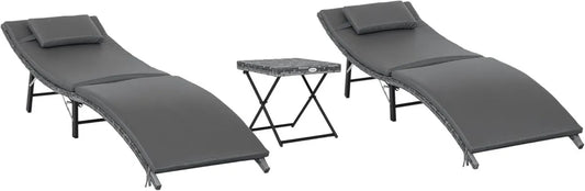 Set di 2 Lettini Prendisole in Rattan con Cuscini Lavabili e Tavolino, Grigio
