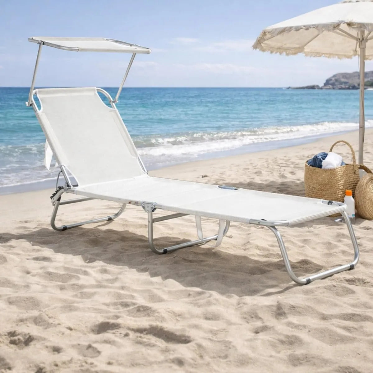 Lettini Prendisole Pieghevoli con Parasole e Schienale Regolabile, Alluminio Leggero, Blu e Bianco