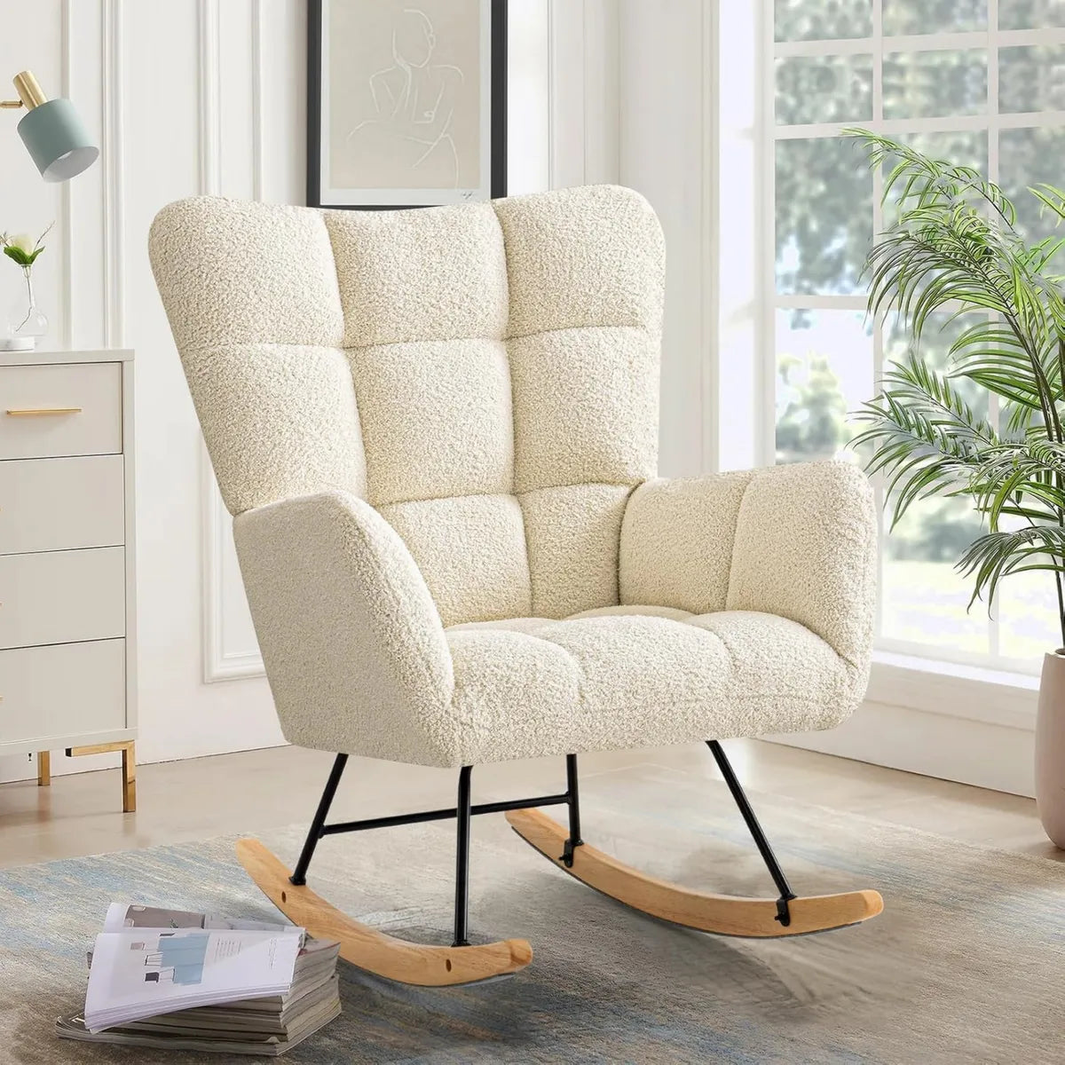 Sedia a Dondolo in Legno Massiccio per Salotto e Cameretta, Comfort per Allattamento, Bianco