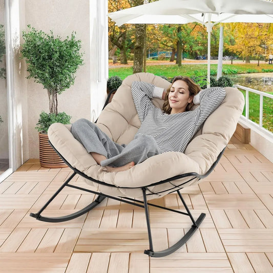 Poltrona Sospesa a Uovo con Cuscino Imbottito, Capacità 205 kg, per Interni ed Esterni, Colore Beige
