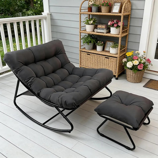 Sedia a Dondolo per Esterni con Pouf e Cuscino, Portata 150kg, Ideale per Salotto e Terrazza (Grigio)
