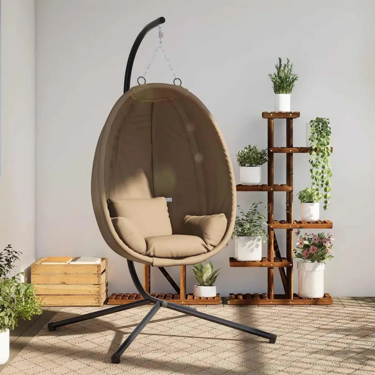 Sedia Pensile a Uovo con Struttura in Acciaio e Tessuto Tortora, Cuscino Removibile, Ideale per Giardino o Balcone