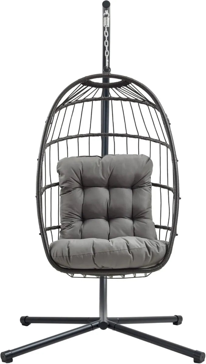 Sedia Pensile a Uovo in Rattan Nero con Cuscino Morbido, Struttura in Acciaio Pieghevole per Interno ed Esterno, Carico 150 kg con Copertura Impermeabile