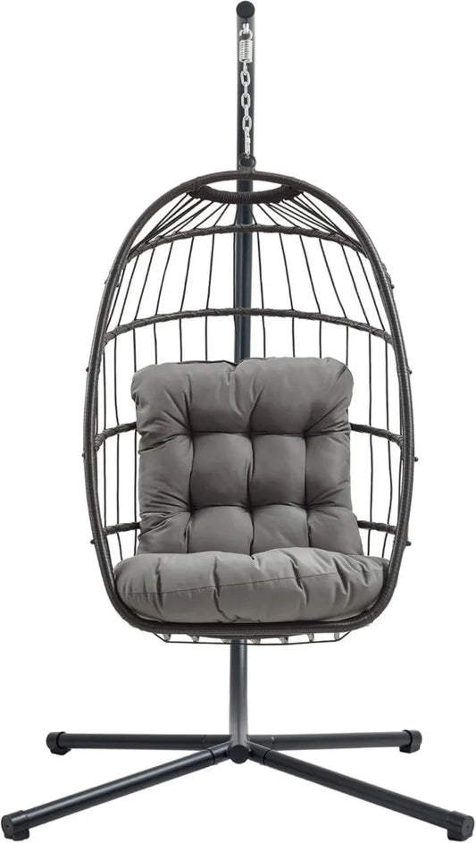 Sedia Pensile a Uovo in Rattan Nero con Cuscino Morbido, Struttura in Acciaio Pieghevole per Interno ed Esterno, Carico 150 kg con Copertura Impermeabile
