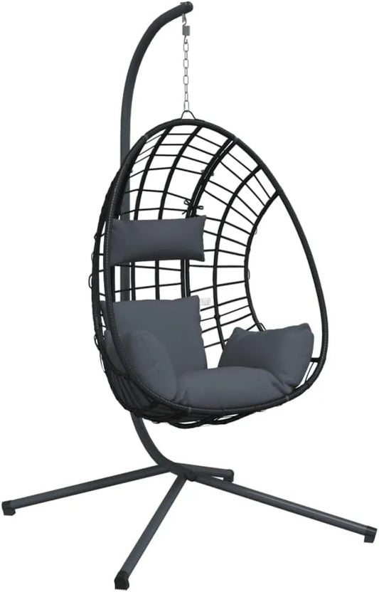 Sedia a uovo sospesa in rattan e acciaio, antracite, con cuscino rimovibile, ideale per giardino e terrazza