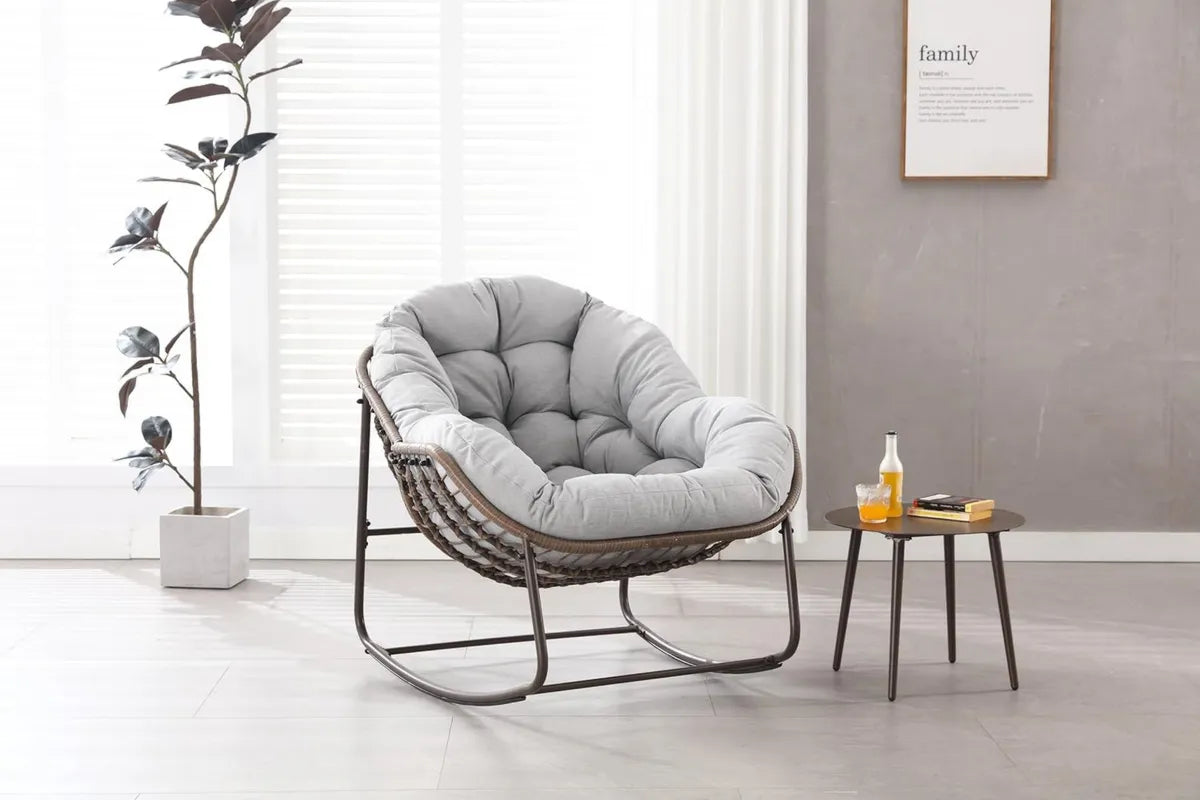 Poltrona a Dondolo da Giardino in Vimini a Forma di Uovo con Cuscino Spesso, per Interno ed Esterno, Moderna e Confortevole (Grigio)