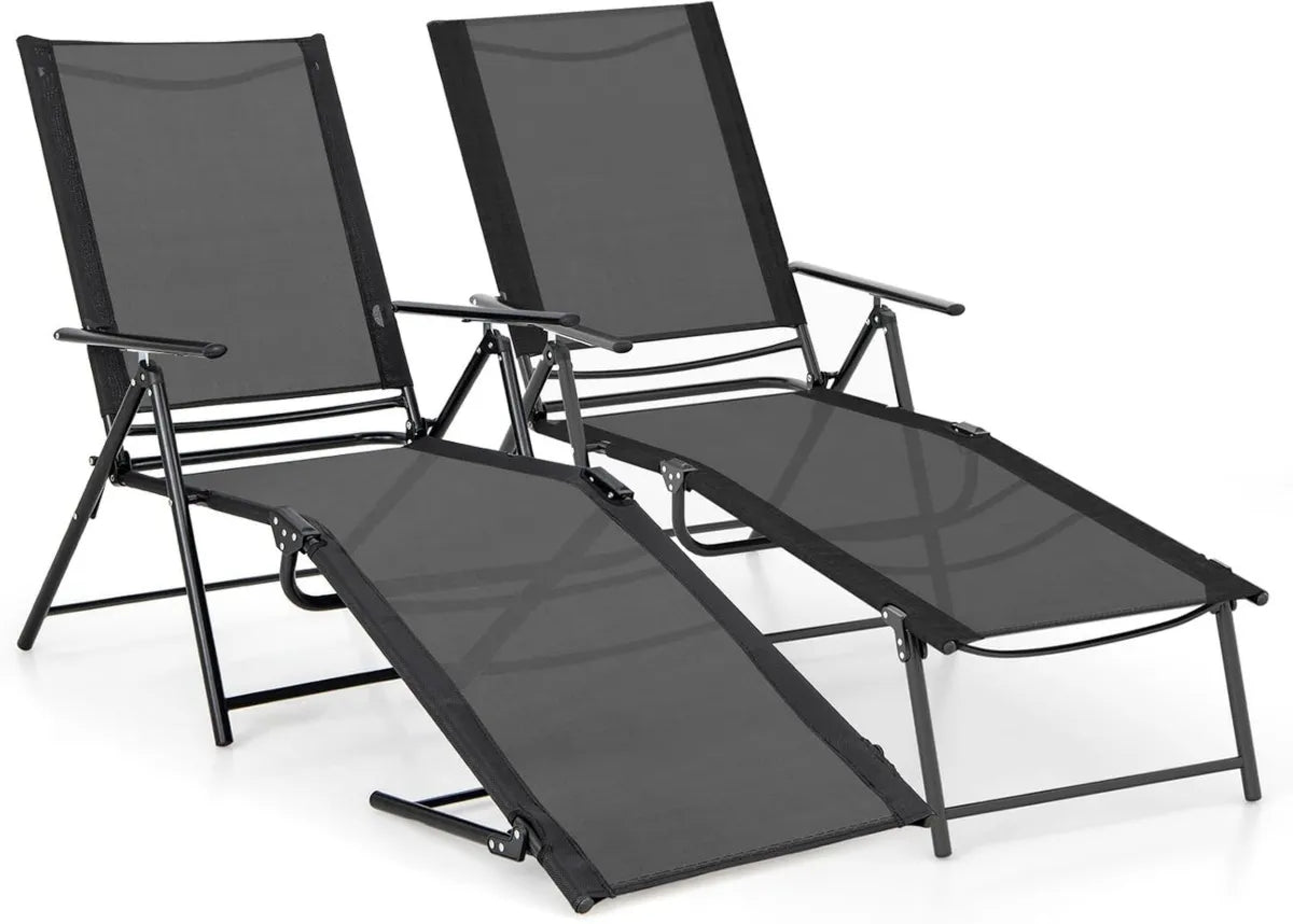 Set di 2 Lettini Prendisole Pieghevoli con Schienale Regolabile, Tessuto Textilene e Braccioli, Ideali per Giardino e Piscina, Capacità di 150 kg, Nero