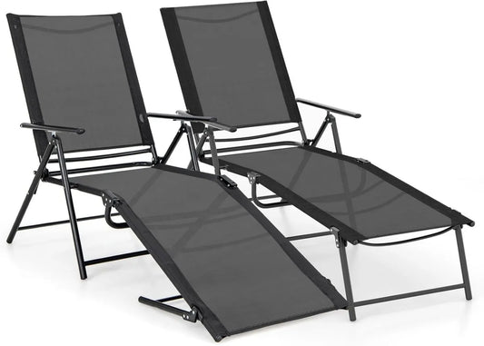 Set di 2 Lettini Prendisole Pieghevoli con Schienale Regolabile, Tessuto Textilene e Braccioli, Ideali per Giardino e Piscina, Capacità di 150 kg, Nero