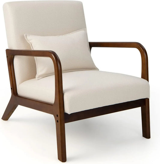 Poltrona Lounge in Legno con Braccioli, Design Moderno per Soggiorno e Camera da Letto, Rivestimento Beige, 65x79x77 cm