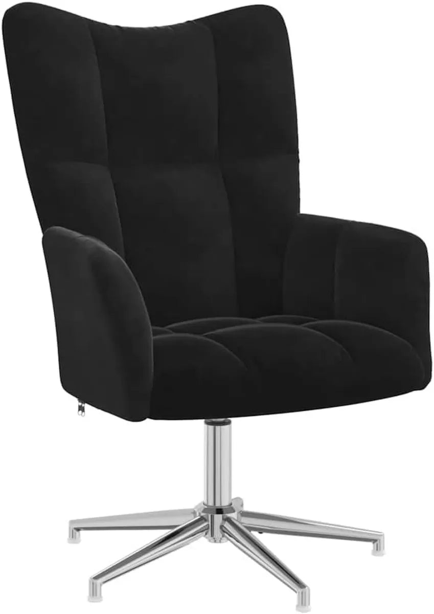 Poltrona in velluto nero con funzione rotante 360°, imbottitura in schiuma e struttura in acciaio, 62x68x91 cm, ideale per soggiorno