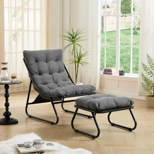 Sedia da Esterno Reclinabile con Poggiapiedi e Cuscino Grigio, Ideale per Giardino e Interni