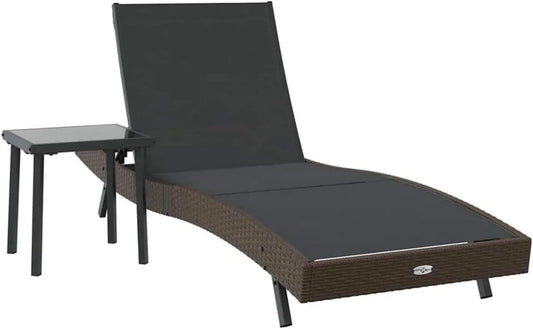 Set Lettini Prendisole in Polyrattan Nero e Marrone con Tavolino Regolabile