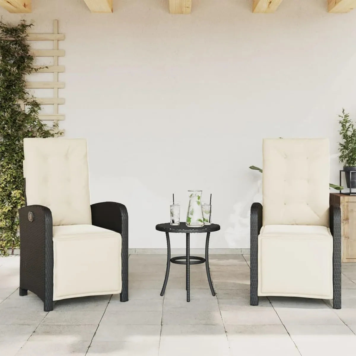 Set 2 Sedie Reclinabili in Rattan Nere con Poggiapiedi da Giardino