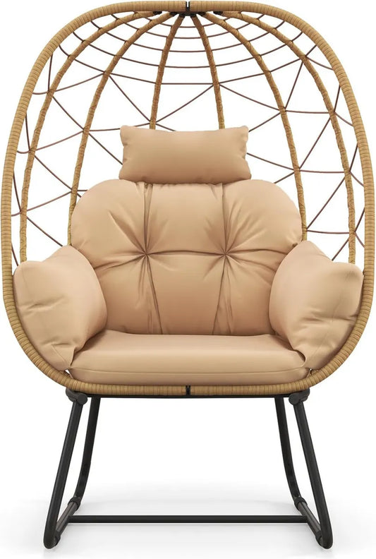 Poltrona in Rattan per Esterni con Cuscino Rimovibile, Spazio per Balcone e Giardino, Beige