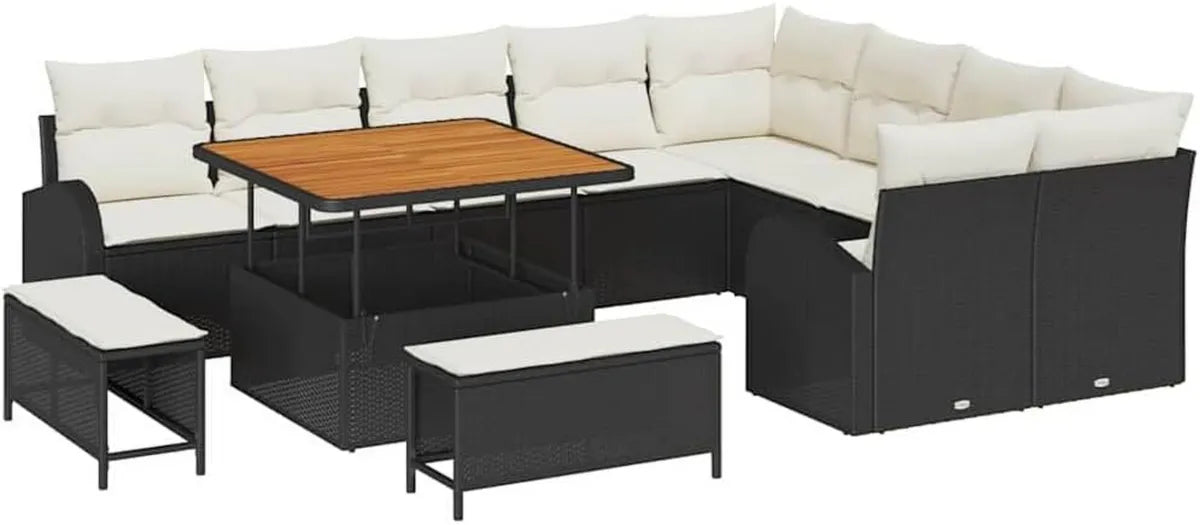 Set Salotto da Giardino in Rattan Nero e Crema con Cuscini, 12 Pezzi Modulari, Tavolo e Pouf