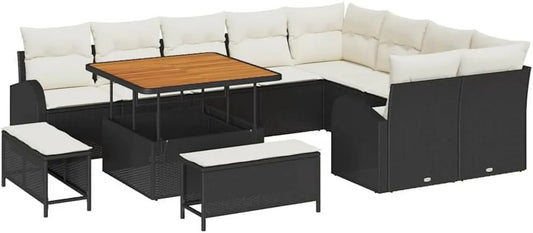 Set Salotto da Giardino in Rattan Nero e Crema con Cuscini, 12 Pezzi Modulari, Tavolo e Pouf