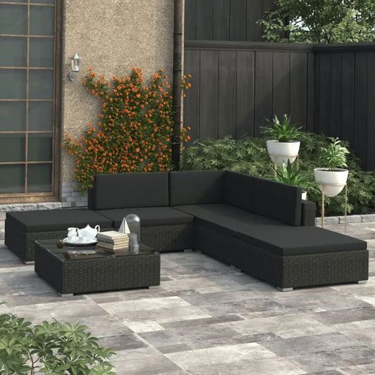 Set da Giardino 6 Pezzi in Polyrattan Nero con Cuscini, Divano Angolare per Patio e Piscina