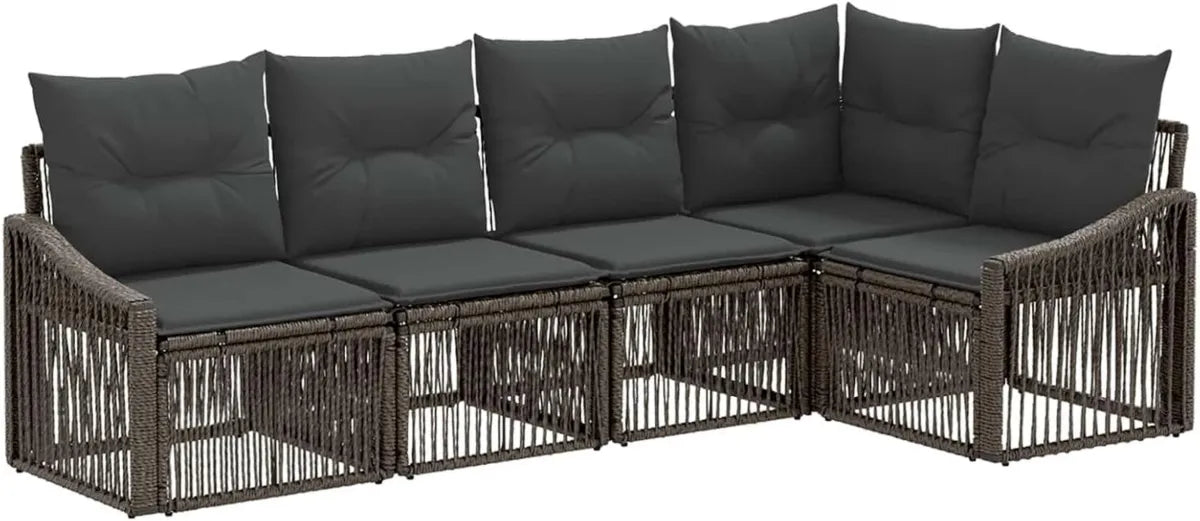 Set Divano da Giardino in Rattan Sintetico Grigio, 5 Pezzi, Design Modulare, Resistente alle Intemperie