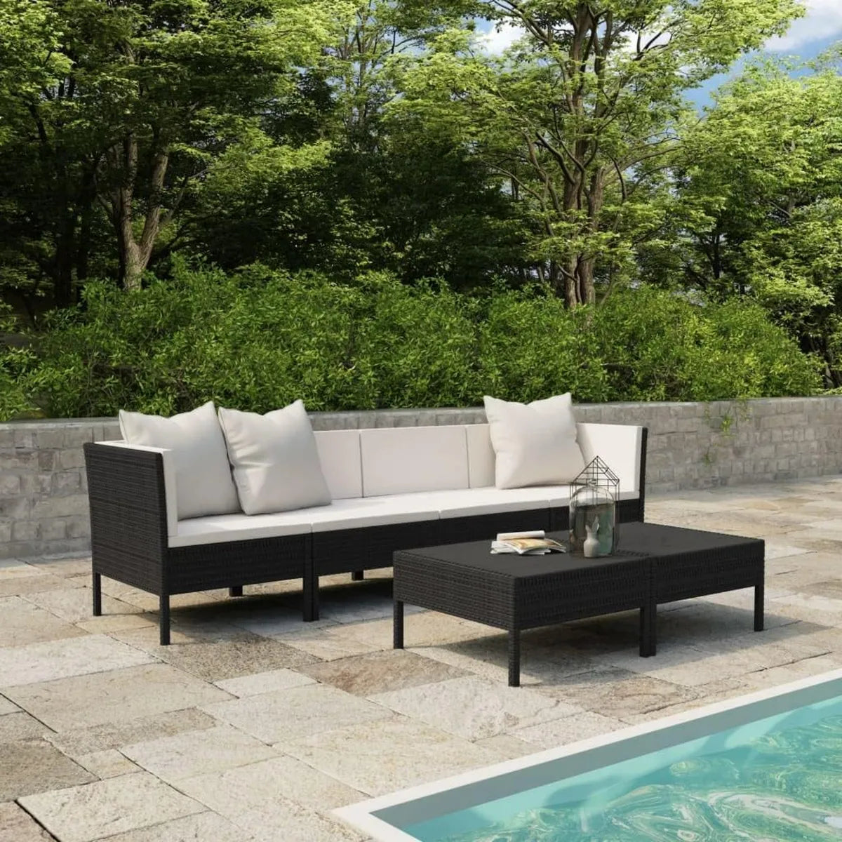 Set da Giardino in Polyrattan Nero con Cuscini per Terrazze e Balconi - 6 Pezzi