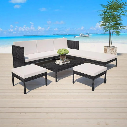 Set Divani da Giardino in Polyrattan 6 Pezzi con Cuscini Neri