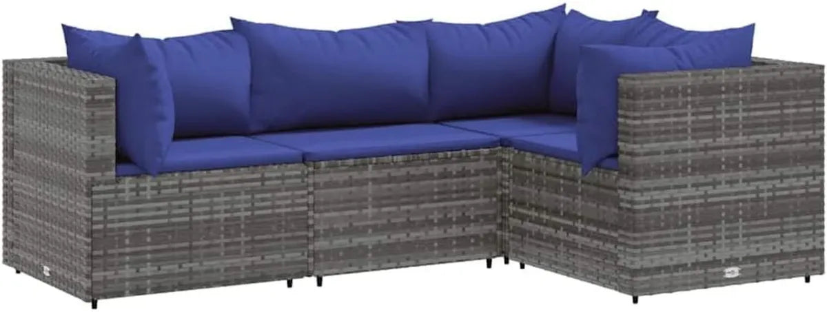 Set Salotto da Giardino in Polyrattan Grigio con Cuscini, 4 Pezzi