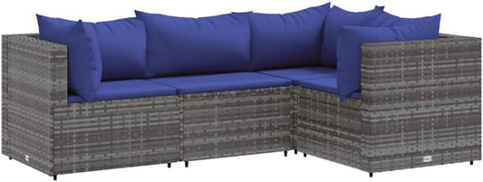 Set Salotto da Giardino in Polyrattan Grigio con Cuscini, 4 Pezzi