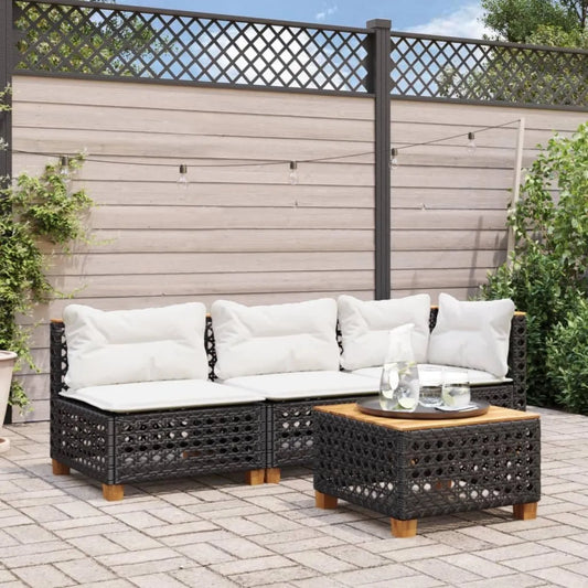 Divano Modulare da Giardino in Polyrattan Nero con Cuscini per Esterno