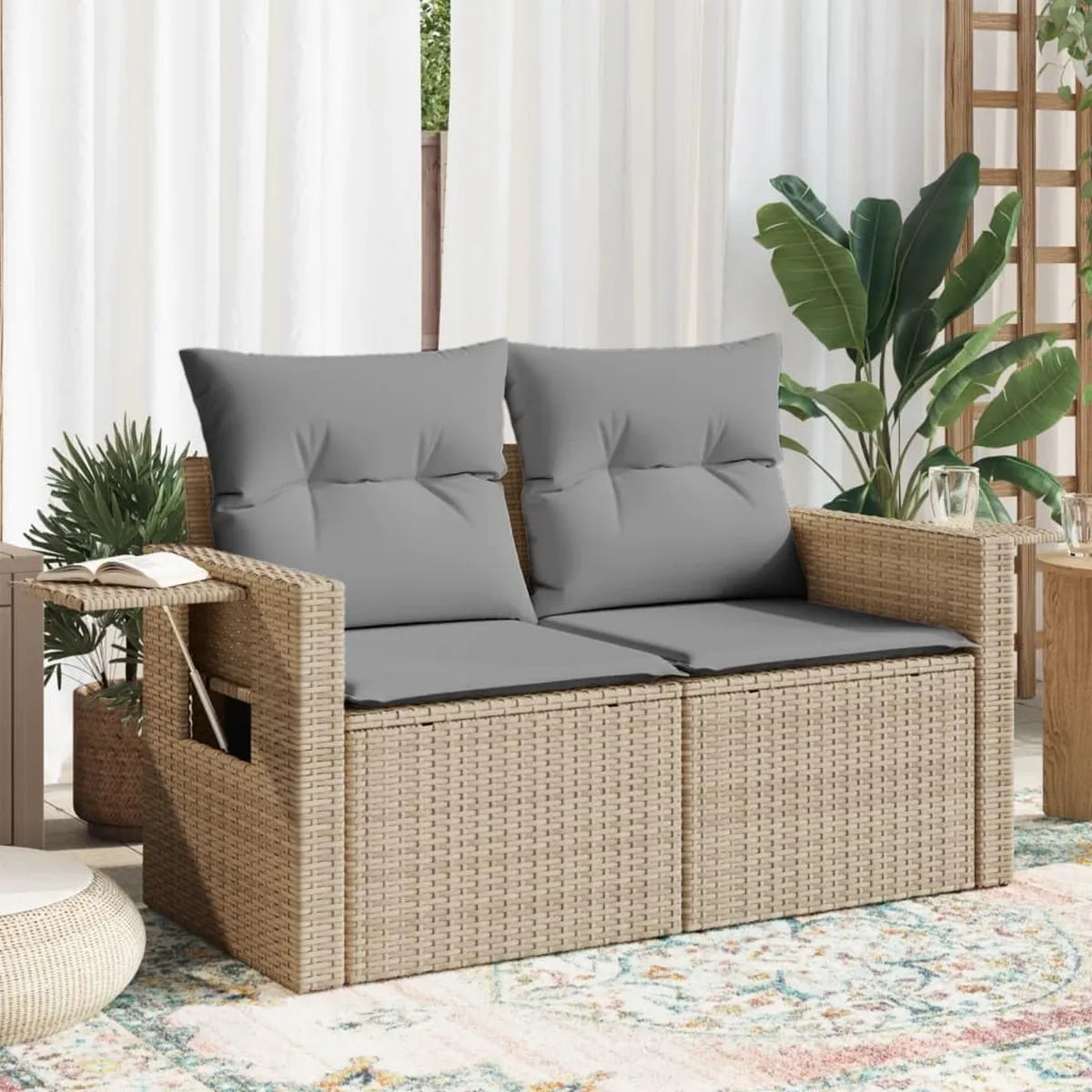Divano Modulare da Giardino in Polyrattan Beige a 2 Posti con Cuscini