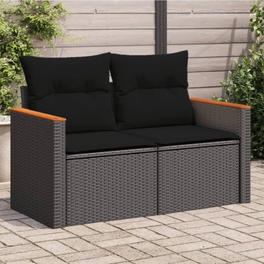 Divano Modulare da Giardino a 2 Posti in Polyrattan Nero con Cuscini