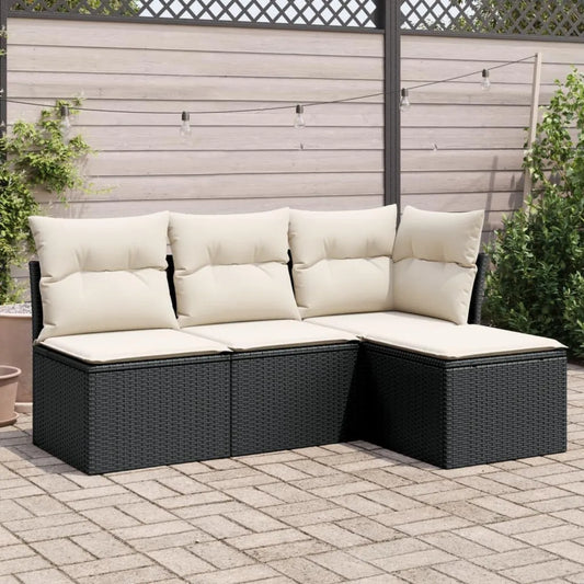 Set Divani da Giardino in Polyrattan Nero con Cuscini, 4 Pezzi
