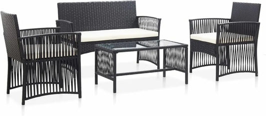 Salotto da Esterno in Rattan ARKEM con Divano Componibile e Cuscini, Set da Giardino 4 pezzi in Polyrattan Nero