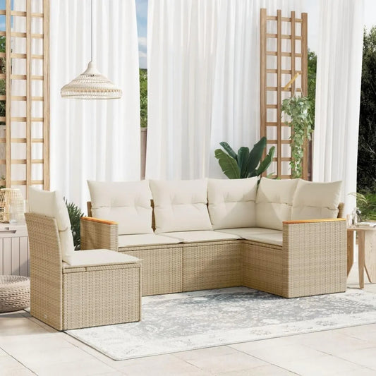 Set Salotto da Giardino 5 Pezzi in Polyrattan Beige con Cuscini
