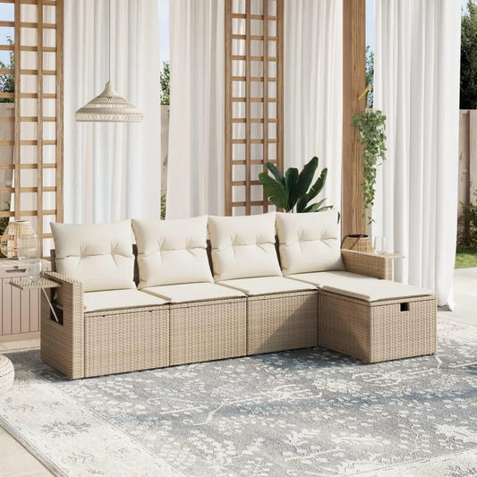 Set Divano da Giardino in Polyrattan 5 Pezzi con Cuscini Beige