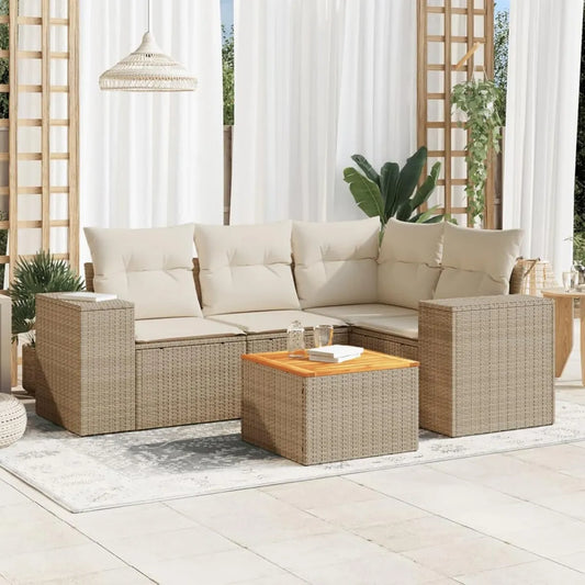 Set Divano da Giardino in Polyrattan con Cuscini Beige - 5 Pezzi