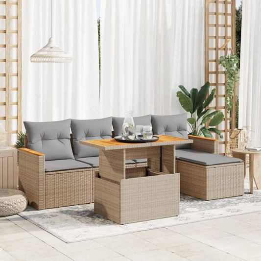 Set Salotto da Giardino 6 Pezzi in Polyrattan Beige con Cuscini