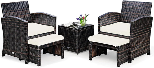 Set Salotto da Giardino in Rattan, 2 Poltrone con Poggiapiedi e Tavolino, Bianco